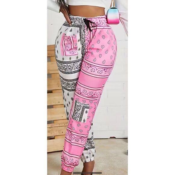 BoHo, pink and gray bandanna like ,￼drawstring pants with pocket’s. Elastic ankl - Picture 4 of 9